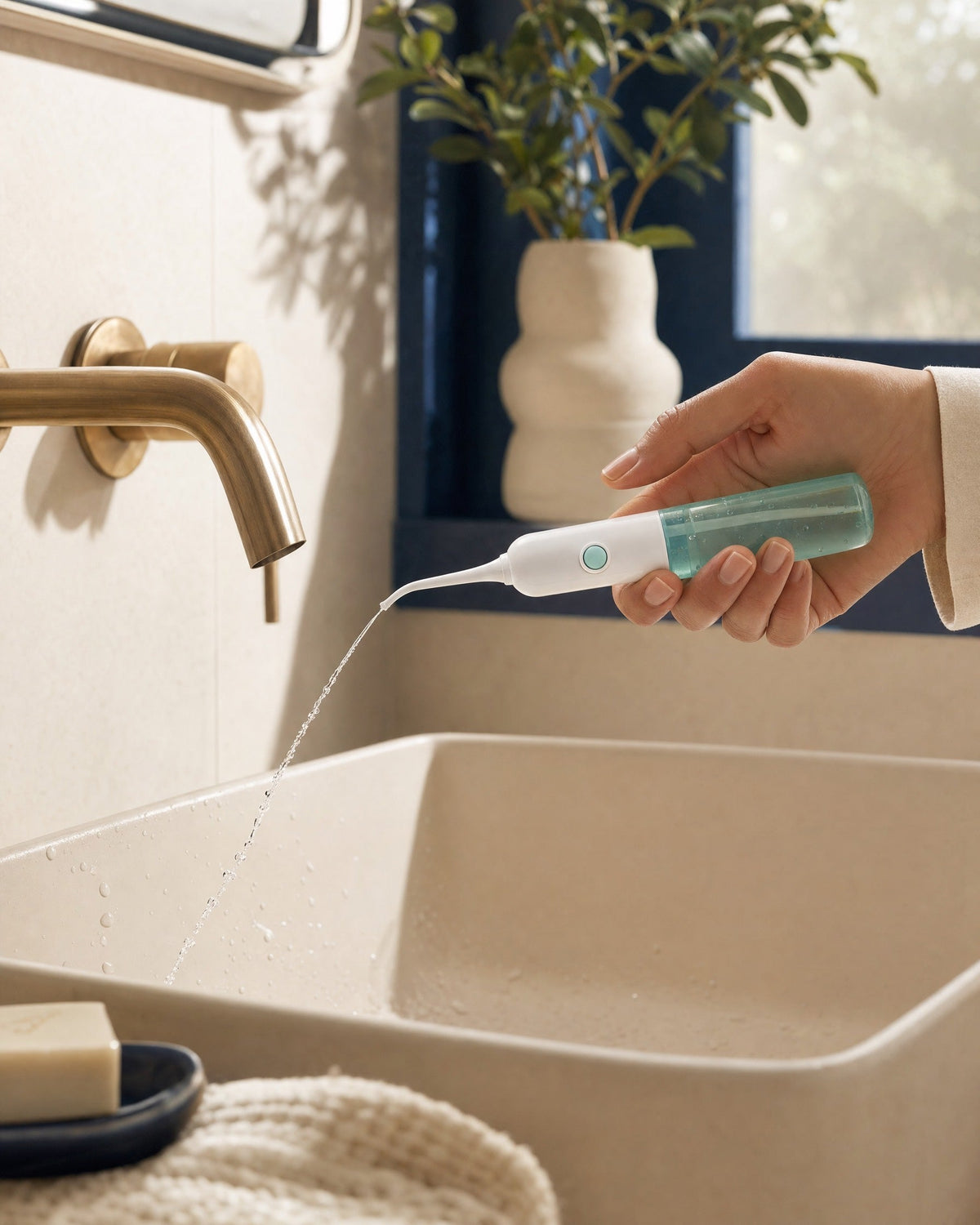 L’hydropulseur manuel en usage, au-dessus du lavabo